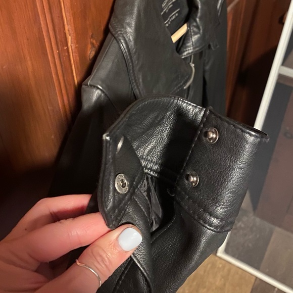 AllSaints black leather jacket. Fully lined, front zip, buckle and snap details. - Picture 11 of 11